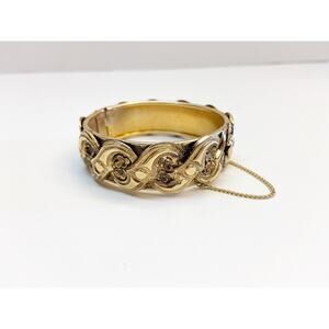 Ornate Baroque Style High Relief Floral French Hinged Gold Plated Cuff Bangle